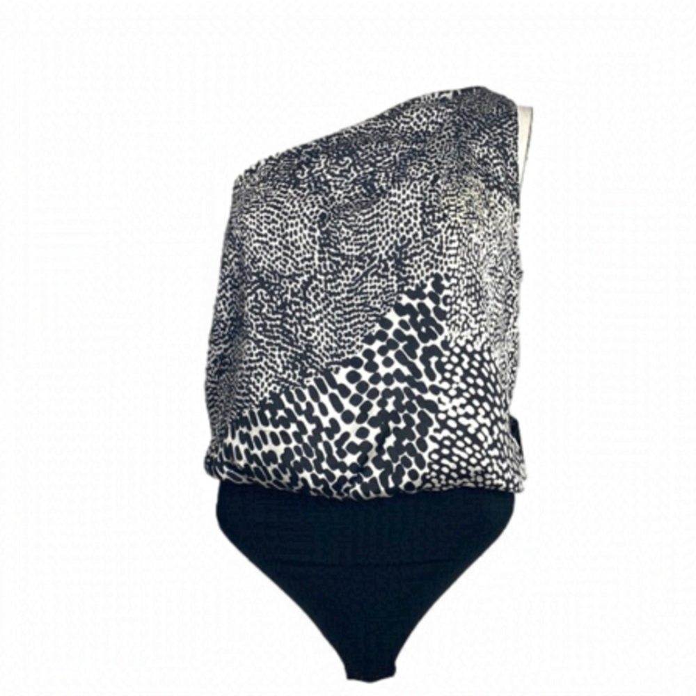 Express One Shoulder Chita Type Print Black and Ivory Thong Bodysuit Size Small